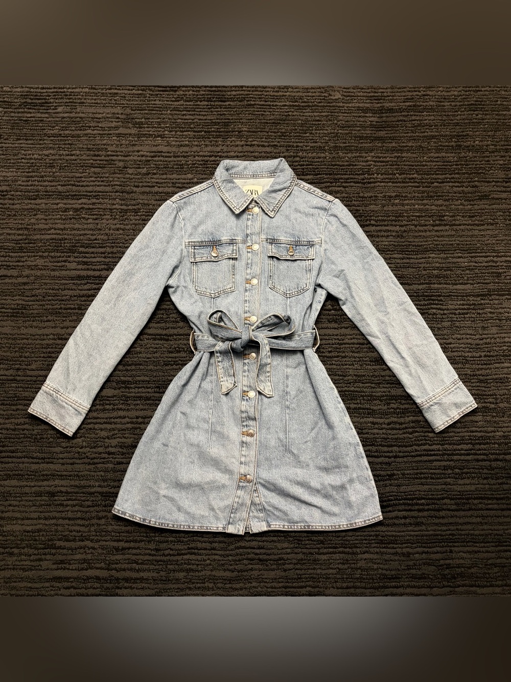 Zara button front denim mini dress w tie belt